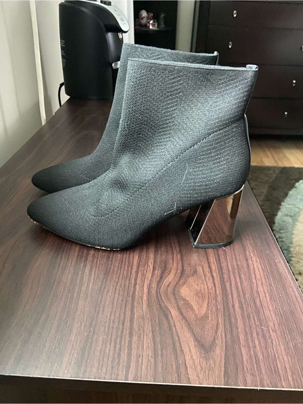 BCBGeneration Black Stretch Knit Ankle Booties with Mirrored Block Heel